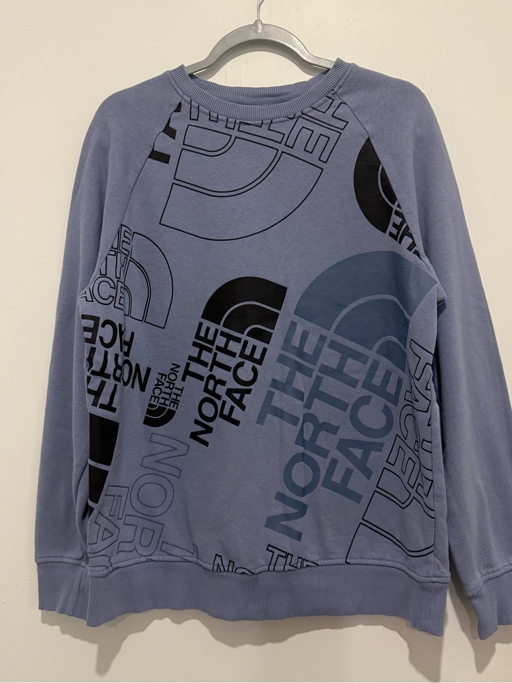 The North Face All Over Logo Graphic Crewneck Sweatshirt Blue Purple Sz L